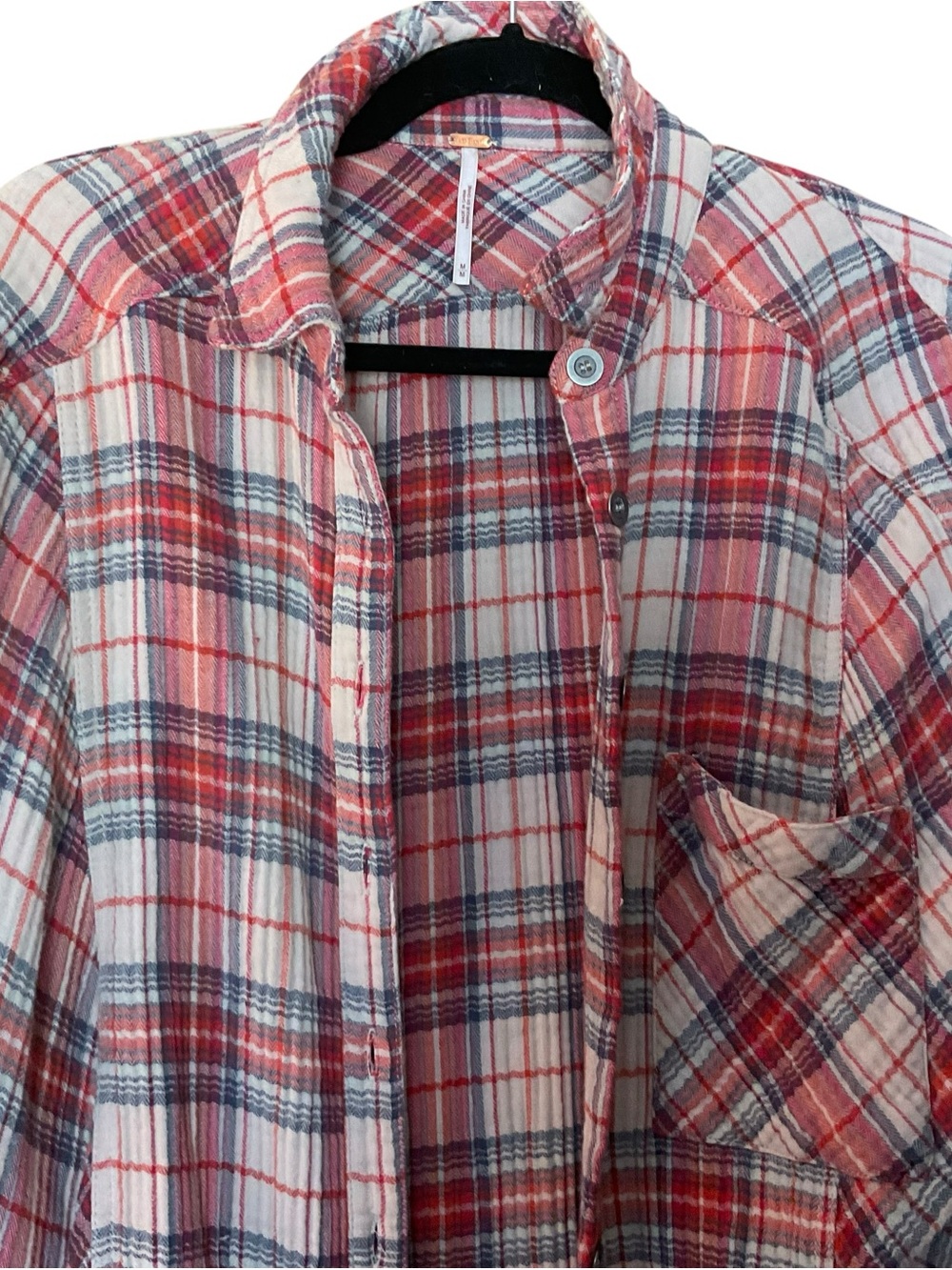 Free People Plaid Button Front Shirt M Frayed Hem Oversized Cotton Flannel Shack - Picture 2 of 7